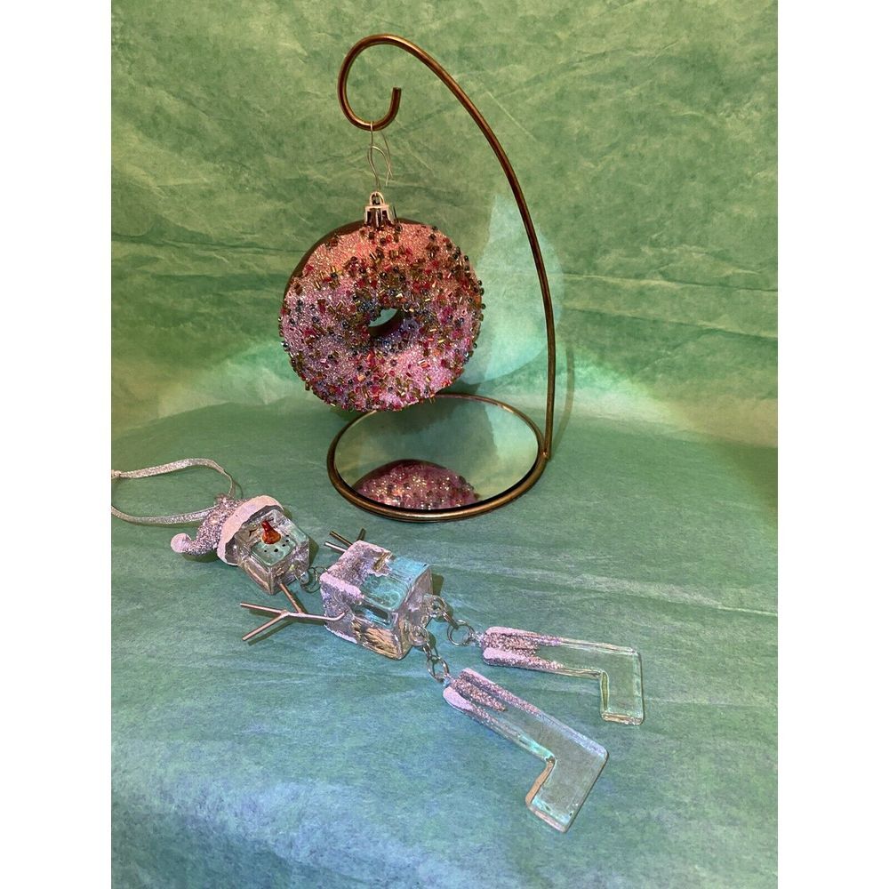 Clear Ice cube and Fuscia sparkle doughnut ornament lot Acrylic And Glass.